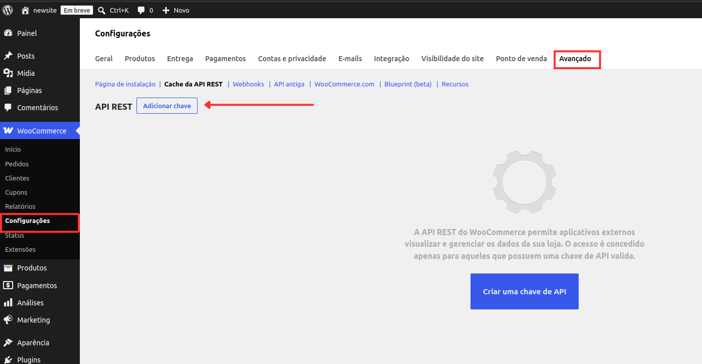 Tela de credenciais da API REST do WooCommerce